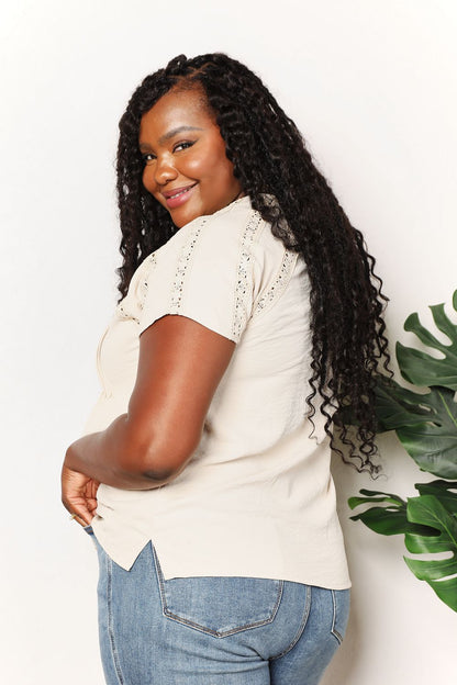 Light yellow Trendsi Double Take crochet short sleeve top with button details, featuring a stylish and breathable design.
