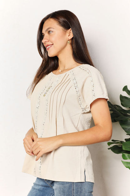 Light yellow crochet short sleeve top with button details from Trendsi, featuring a stylish double take design.