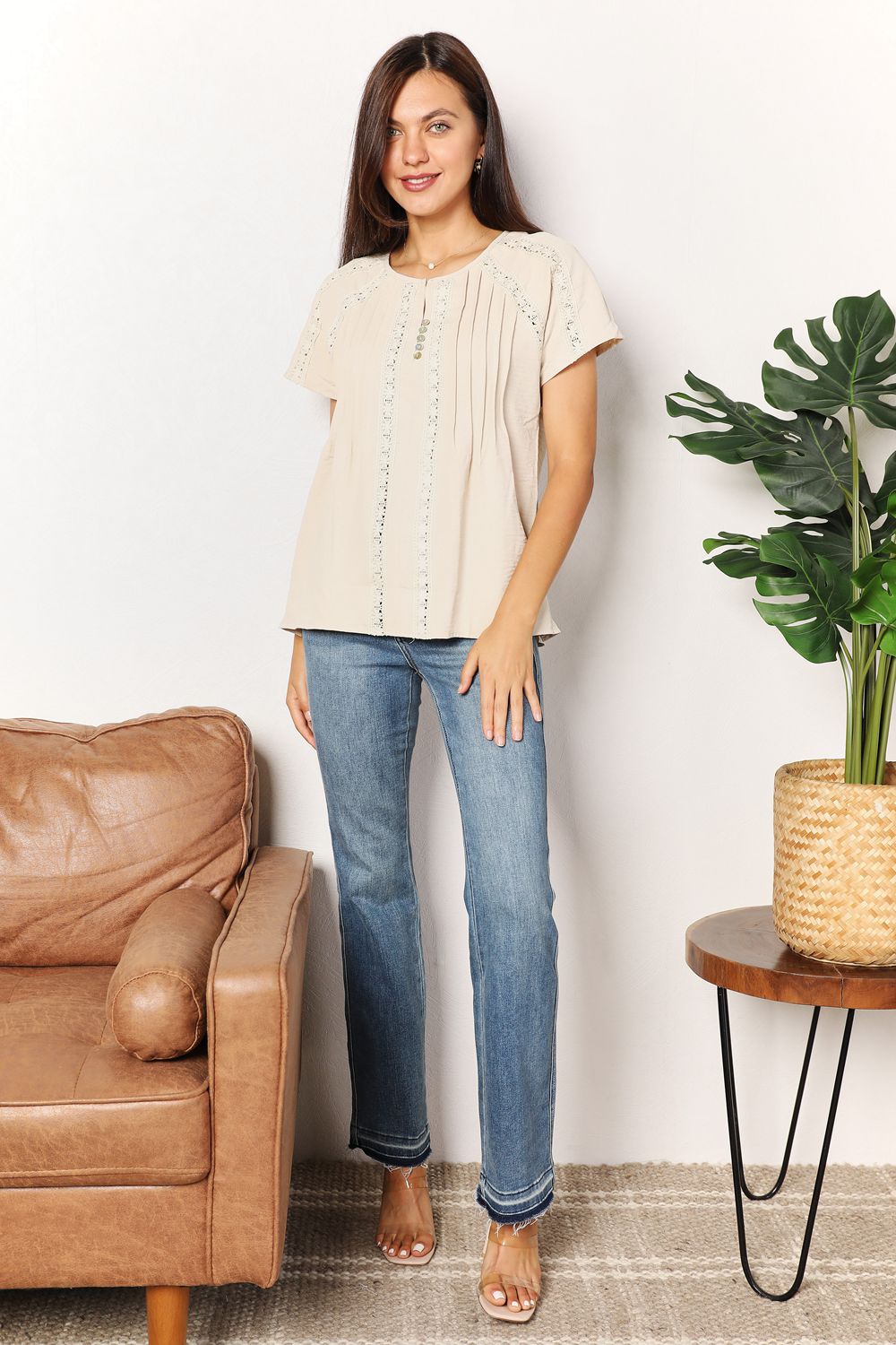 Light yellow crochet short sleeve top with button details from Trendsi, featuring a stylish double take design.