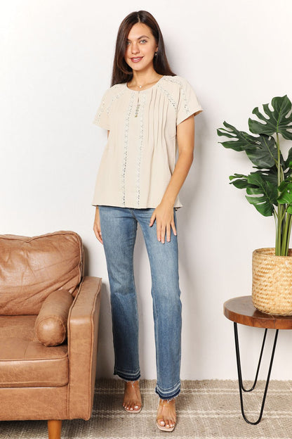 Light yellow crochet short sleeve top with button details from Trendsi, featuring a stylish double take design.