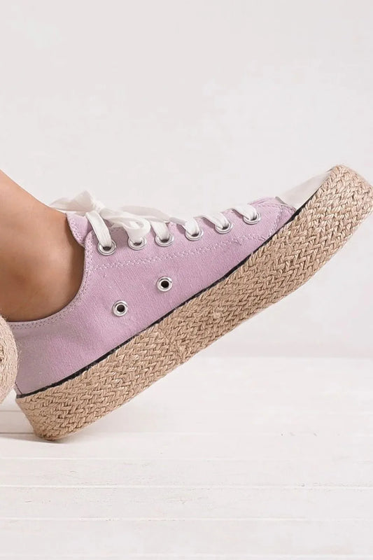 Lilac lace-up woven espadrille sole sneakers by Beast Fashion, trendy casual sneakers with woven detail and comfortable design