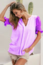 Lilac dusty lavender BiBi Air Flow color block puff sleeve V-neck top by Trendsi, showing the stylish design and fabric details.