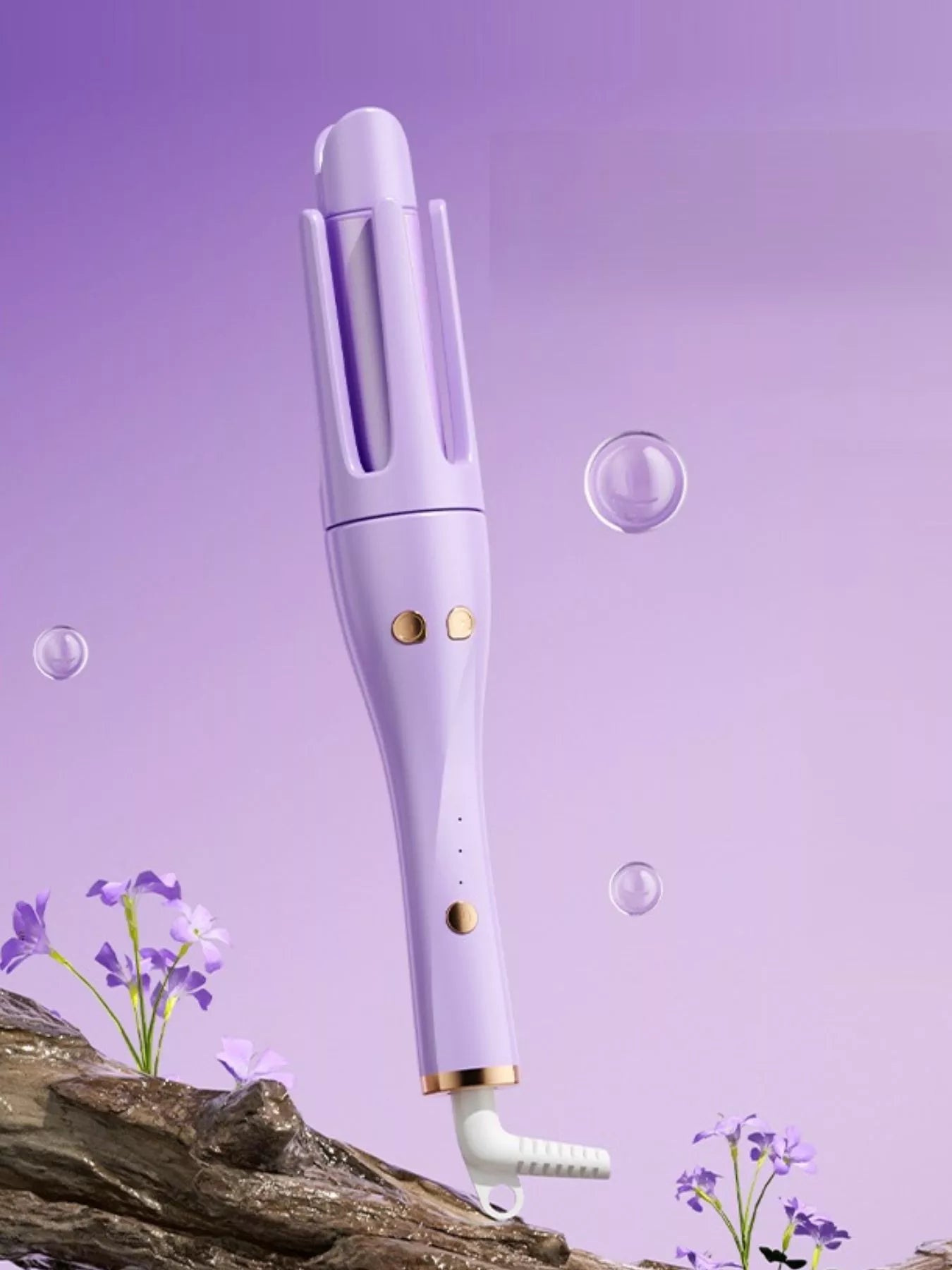 Trendsi automatic rotating hair curling iron with lilac finish and European plug, showcasing its sleek design and rotating barrel.