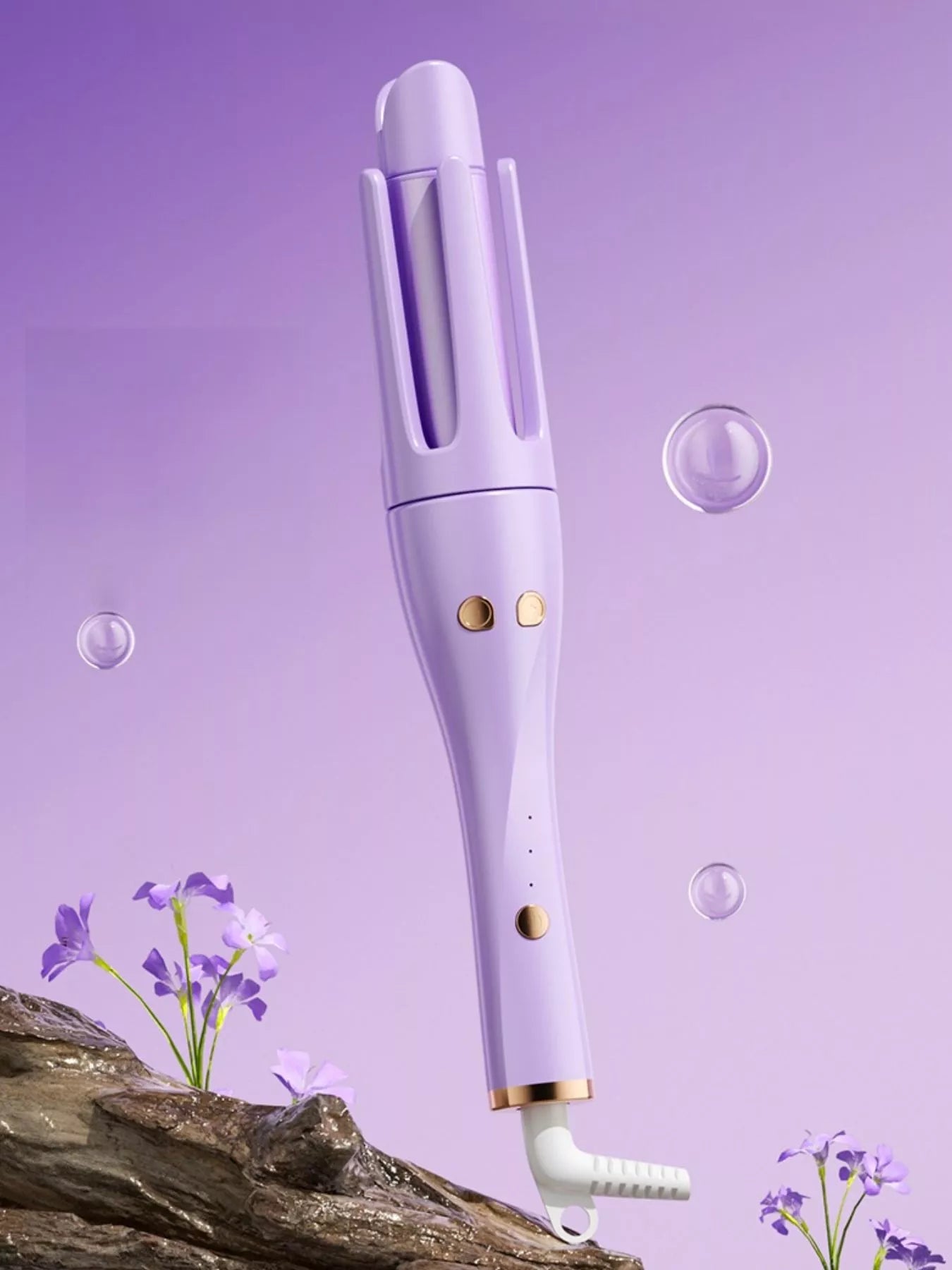 Trendsi automatic rotating hair curling iron with lilac handle and European plug, showcasing its rotating barrel for curl creation.