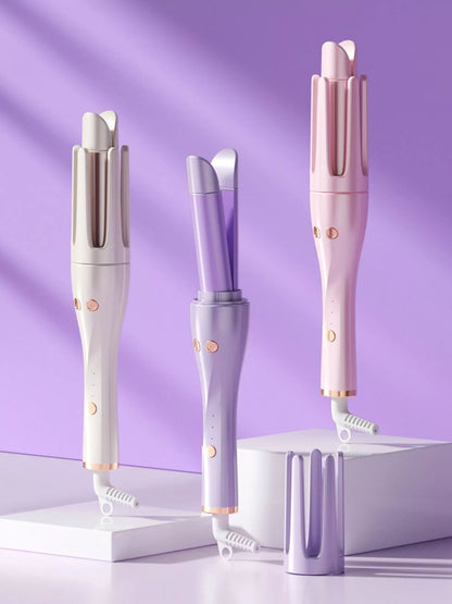 Trendsi automatic rotating hair curling iron with lilac finish and European plug, showing the rotating barrel and ergonomic handle.