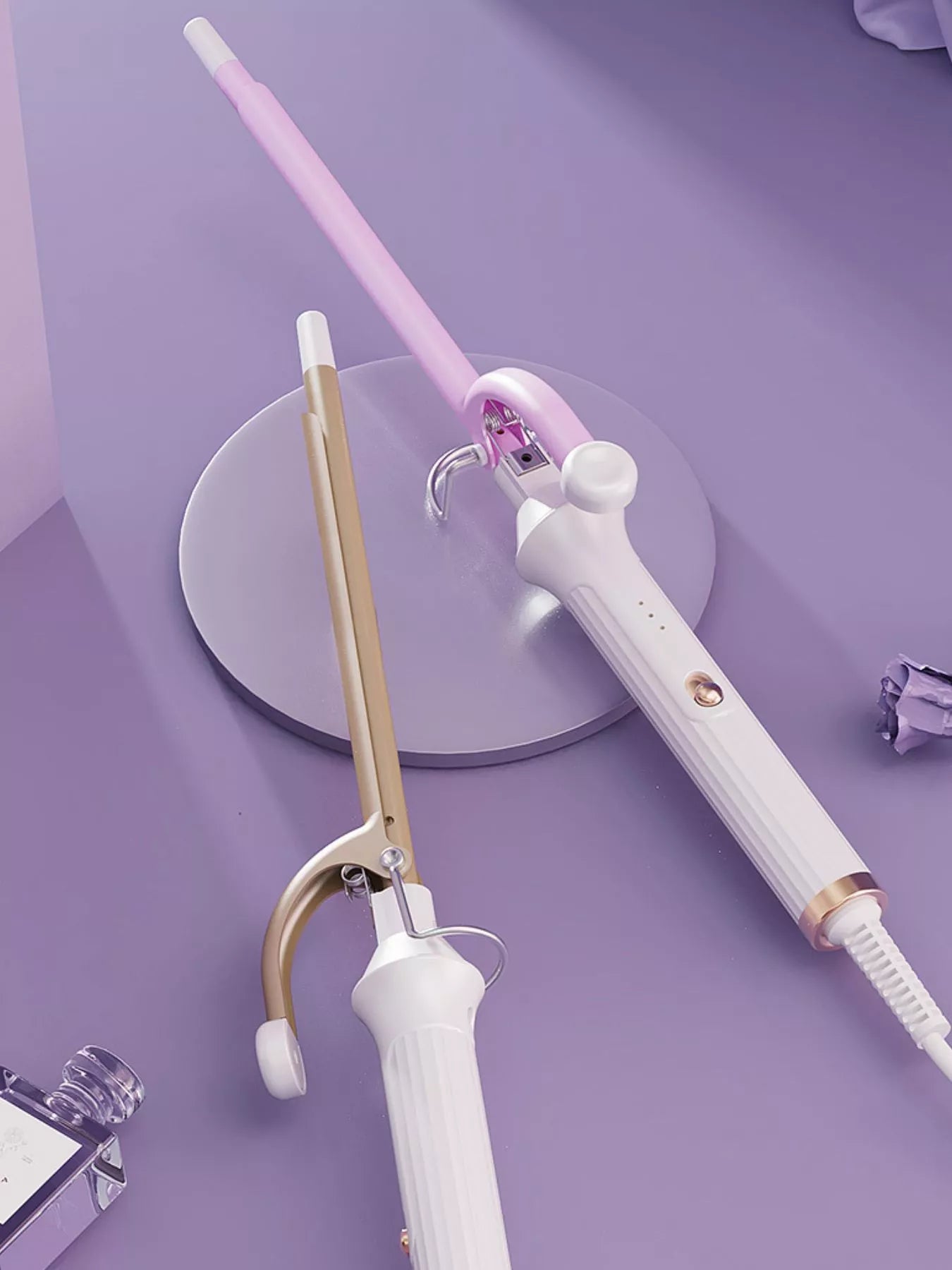 Trendsi lilac ceramic hair curling iron with European plug, fast heating, designed for creating curls and waves.