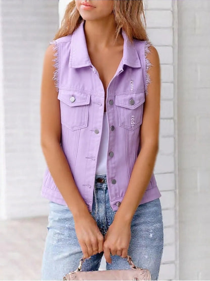 Plus size lilac sleeveless denim jacket with button-down front and raw hem, trendy and casual by Trendsi.