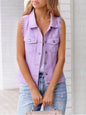 Plus size lilac sleeveless denim jacket with button-down front and raw hem, trendy and casual by Trendsi.