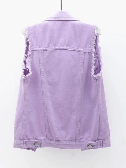 Plus size lilac sleeveless denim jacket with button-down front and raw hem, from Trendsi, shown on a model.