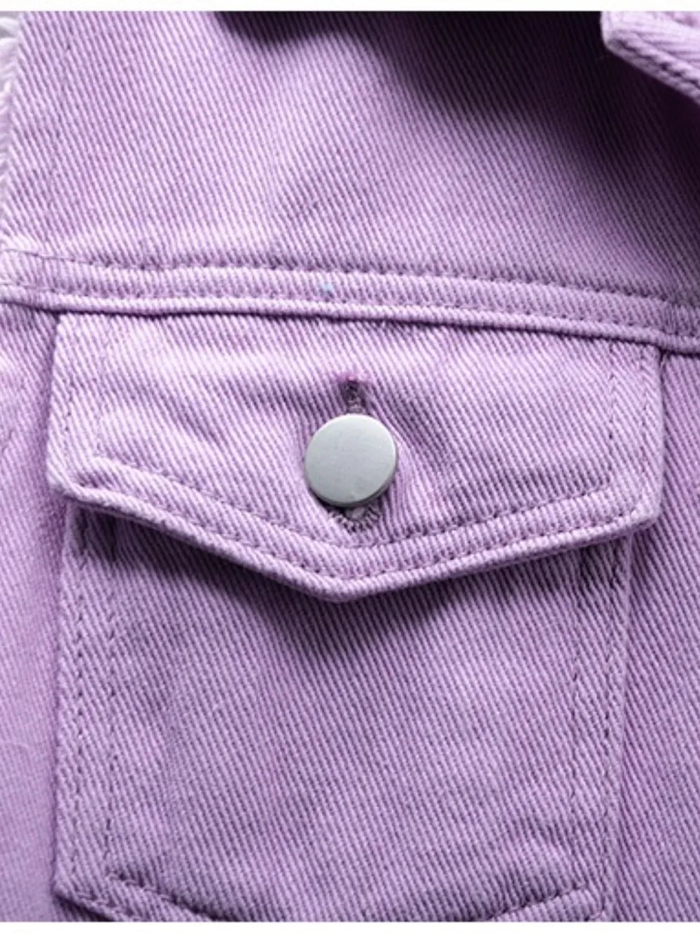 Plus size sleeveless denim jacket with button-down front and raw hem, in lilac, by Trendsi.