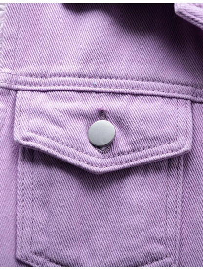 Plus size sleeveless denim jacket with button-down front and raw hem, in lilac, by Trendsi.