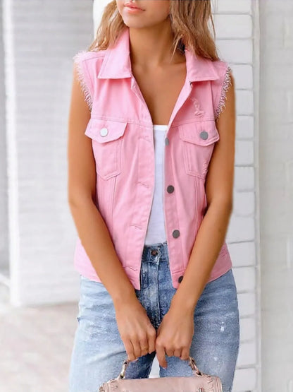 Plus size lilac sleeveless denim jacket with button-down front and raw hem, trendy and versatile for casual wear.