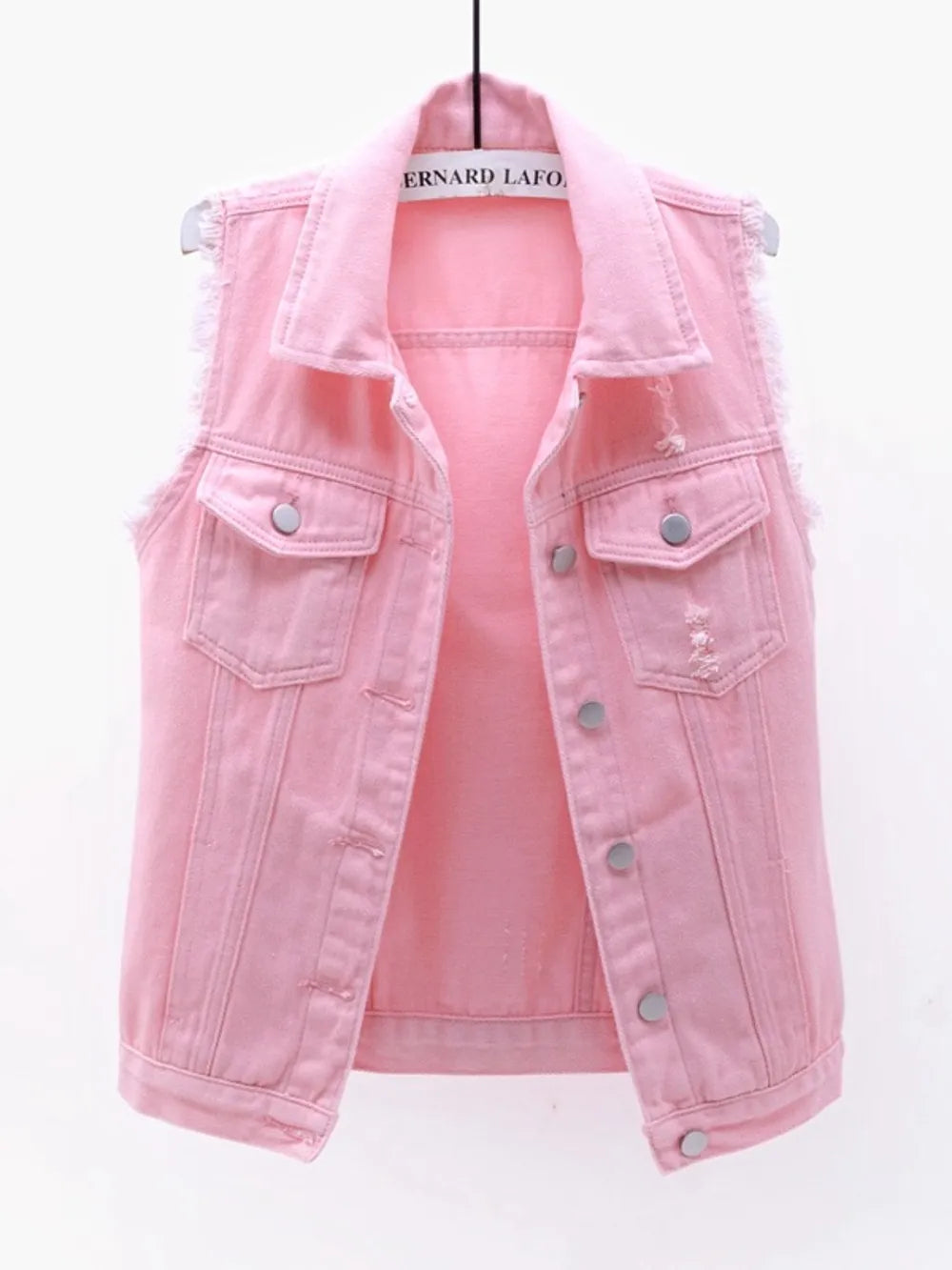 Plus size lilac sleeveless denim jacket by Trendsi with full size button-down front and raw hem, casual and stylish.