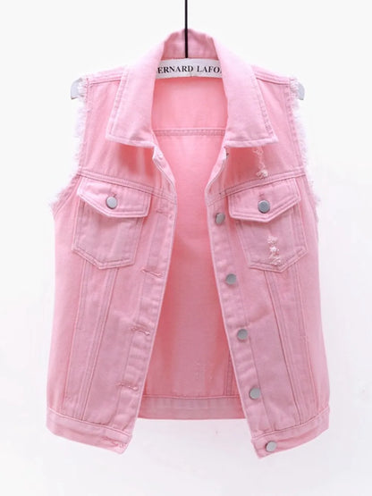 Plus size lilac sleeveless denim jacket by Trendsi with full size button-down front and raw hem, casual and stylish.