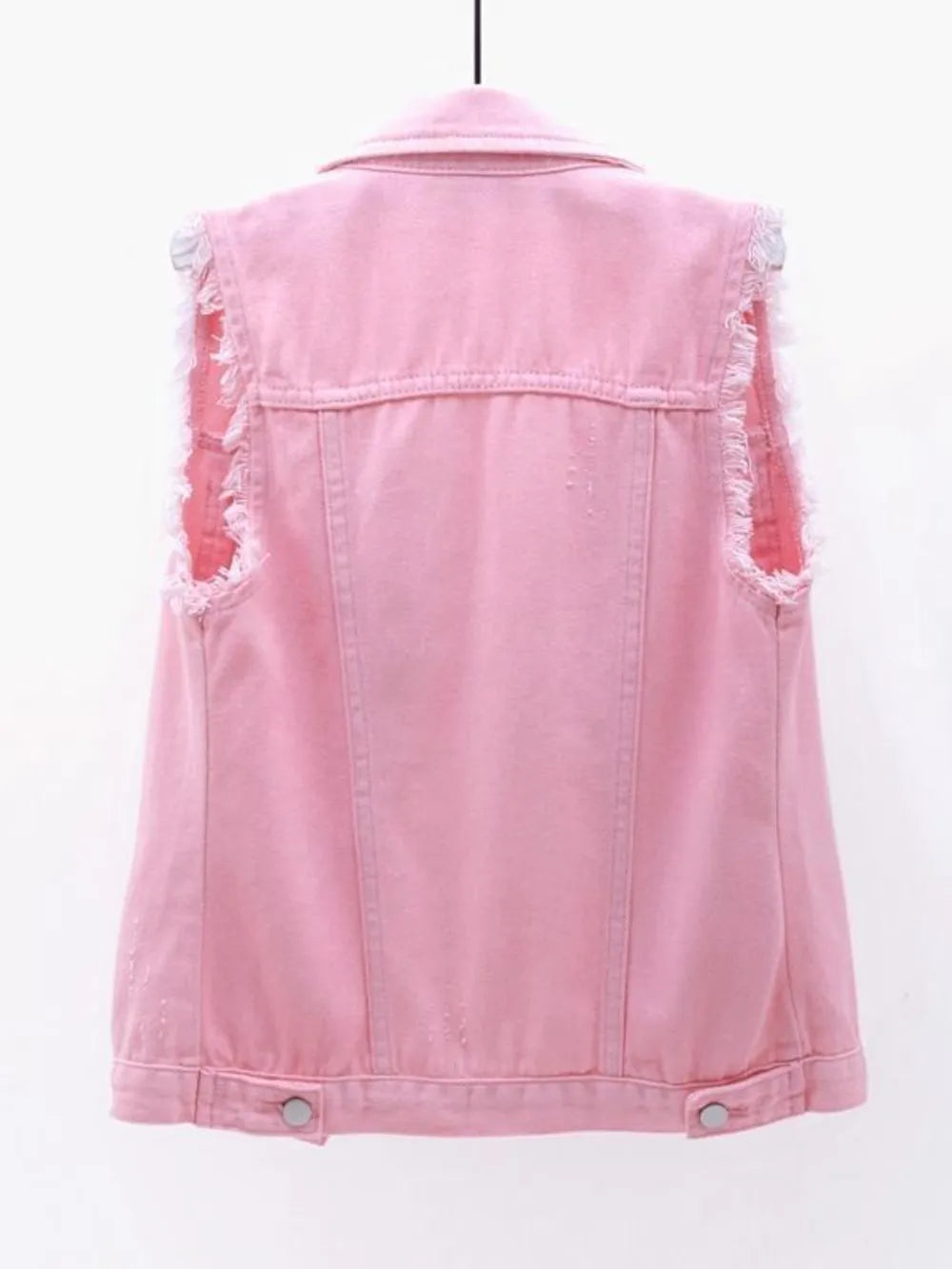 Plus size lilac sleeveless denim jacket with full button-down front and raw hem, from Trendsi.