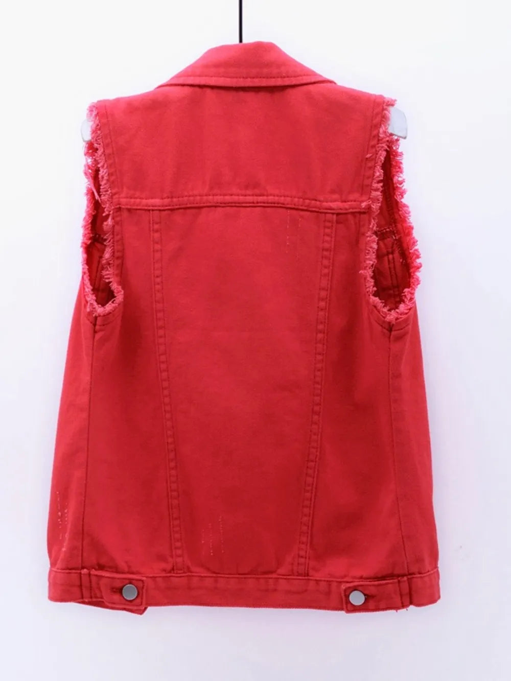 Plus size lilac sleeveless denim jacket by Trendsi with full button-down front and raw hem for a casual, stylish look.