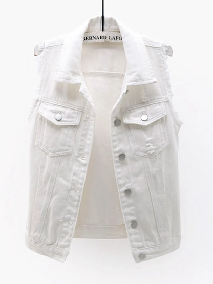 Plus size sleeveless denim jacket from Trendsi with full size button-down style and raw hem, in a lilac color.