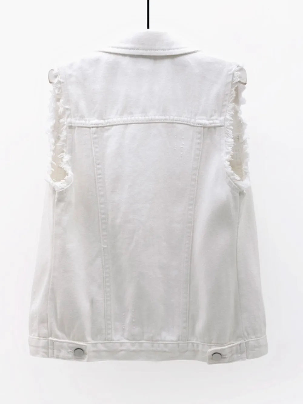 Plus size lilac sleeveless denim jacket with full button-down front and raw hem, trendy raw edge sleeveless denim jacket by Trendsi.