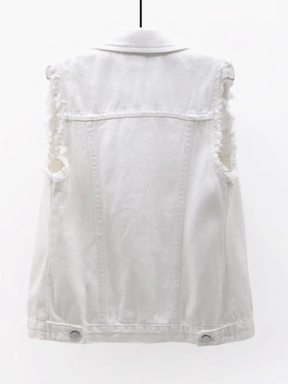 Plus size lilac sleeveless denim jacket with full button-down front and raw hem, trendy raw edge sleeveless denim jacket by Trendsi.