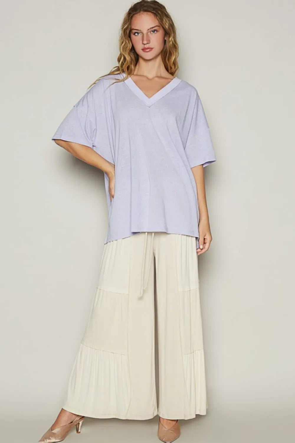 Lilac POL V-neck half sleeve T-shirt from Trendsi, casual fit, soft fabric, and stylish design perfect for everyday wear.