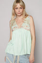 Lime cream floral V-neck sleeveless top with lace details and frill accents, stylish blouse by Trendsi.