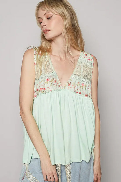 Lime cream POL lace detail floral V-neck sleeveless top by Trendsi, featuring frill accents and a feminine, sleeveless design.