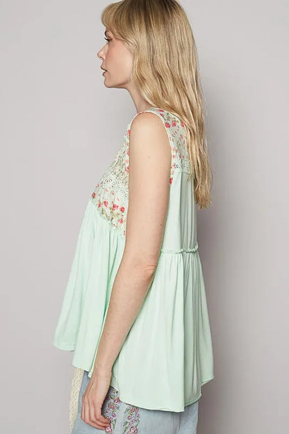 Lime cream POL lace detail floral V-neck sleeveless top from Trendsi with frill accents and feminine design.