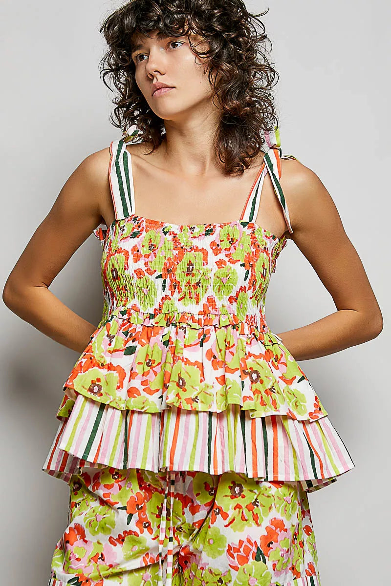 Lime green floral smocked ruffled cami top with tie shoulder straps, stylish and feminine, by Trendsi.