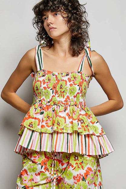 Lime green floral smocked ruffled cami top with tie shoulder straps, stylish and feminine, by Trendsi.