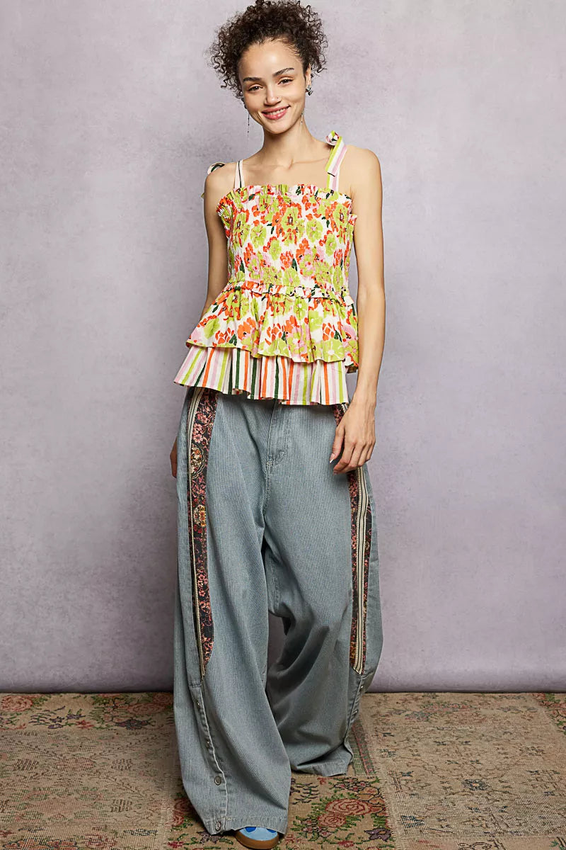 Lime multi-color floral smocked ruffled cami with tie shoulder straps, trendy women's top from Trendsi