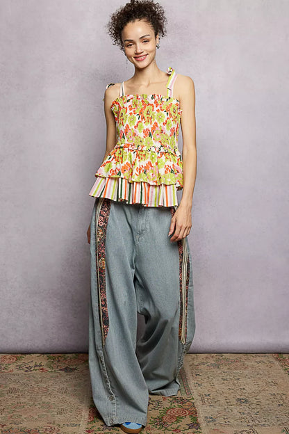 Lime multi-color floral smocked ruffled cami with tie shoulder straps, trendy women's top from Trendsi
