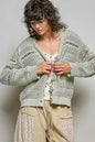 Lime green open-knit floral button cardigan from Trendsi with a relaxed fit and decorative floral embroidery.