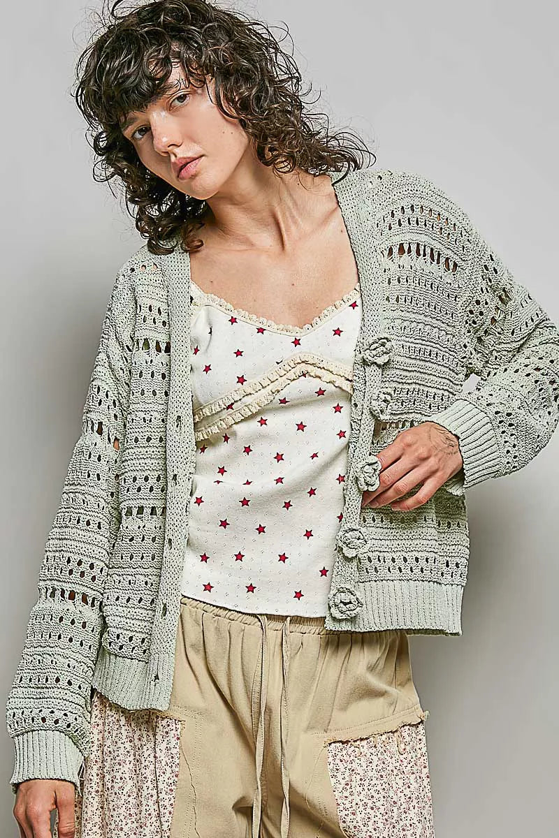 Lime green POL open-knit floral button cardigan by Trendsi, featuring lightweight fabric and decorative floral patterns.