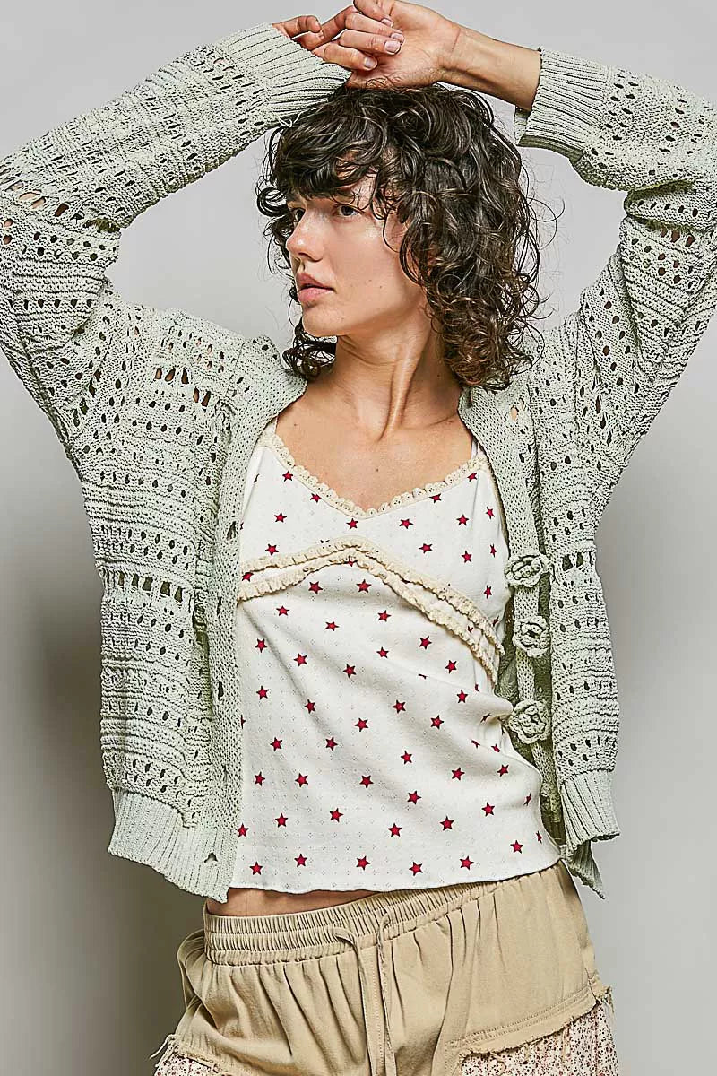 Lime green POL open-knit floral button cardigan by Trendsi featuring a lightweight, breathable design with floral pattern details.