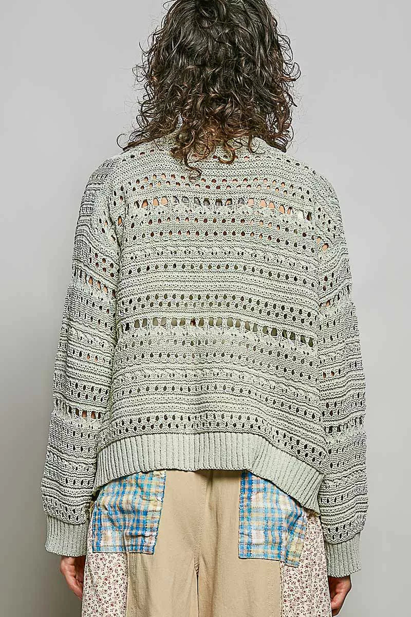 Lime green POL Trendsi open-knit floral button cardigan with a relaxed fit and intricate floral knit pattern on the front.