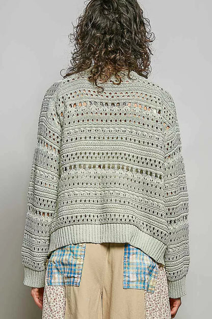 Lime green POL Trendsi open-knit floral button cardigan with a relaxed fit and intricate floral knit pattern on the front.