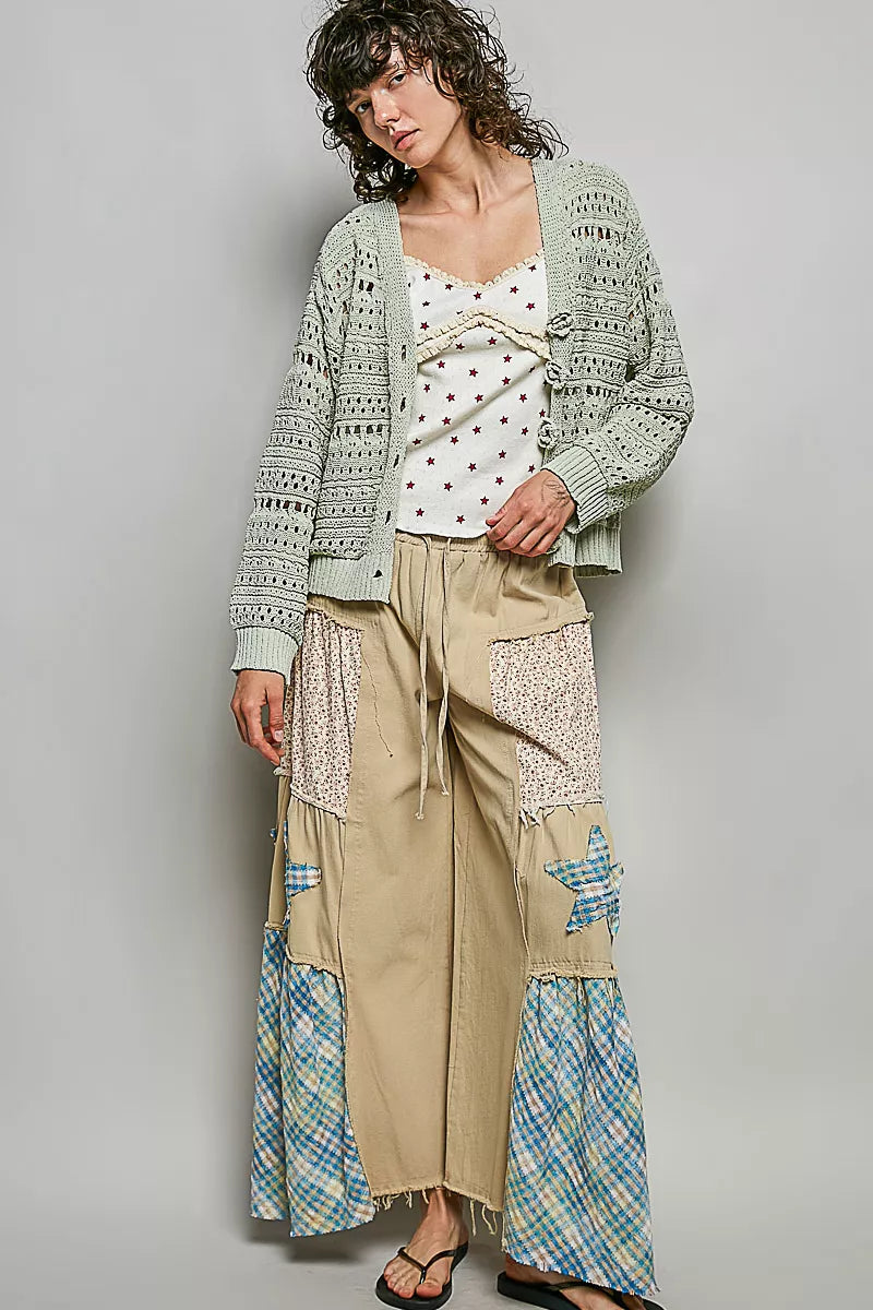 Light green POL open-knit floral button cardigan by Trendsi, featuring a delicate floral pattern and front buttons.