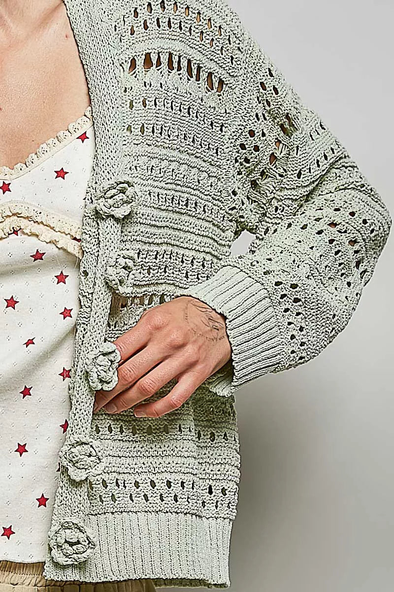 Lime green POL open-knit floral button cardigan by Trendsi featuring a lightweight design and delicate floral pattern.