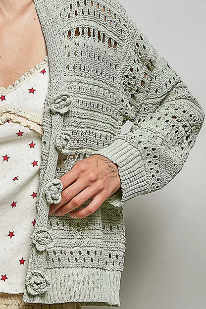 Lime green POL open-knit floral button cardigan by Trendsi featuring a lightweight design and delicate floral pattern.