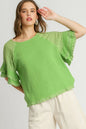 Plus size Umgee cotton gauze blouse with ruffle eyelet layered sleeves and a round neckline, shown in lime color.