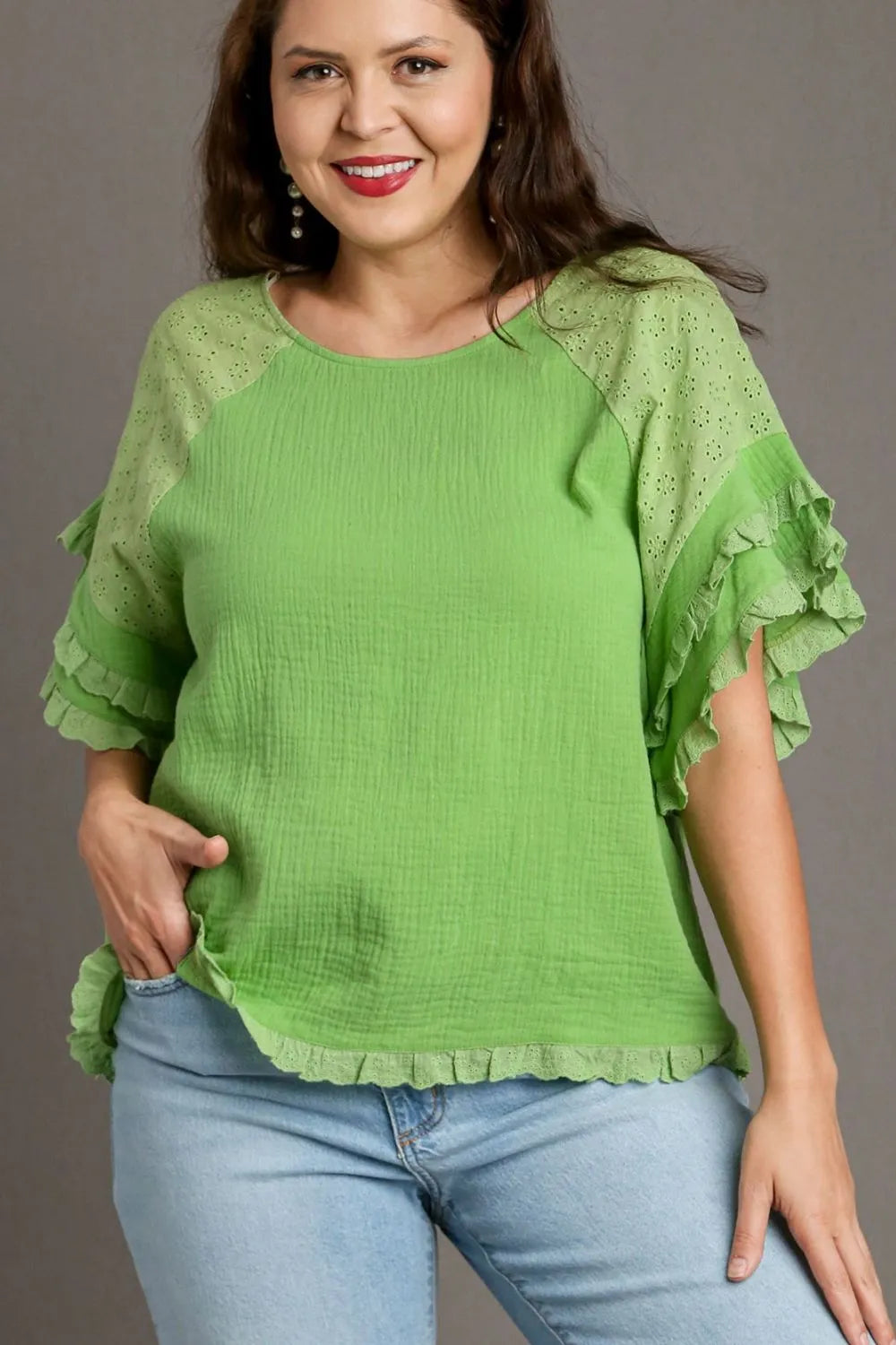 Plus size lime green cotton gauze blouse with ruffle eyelet layered sleeves and round neckline, casual trendy style.