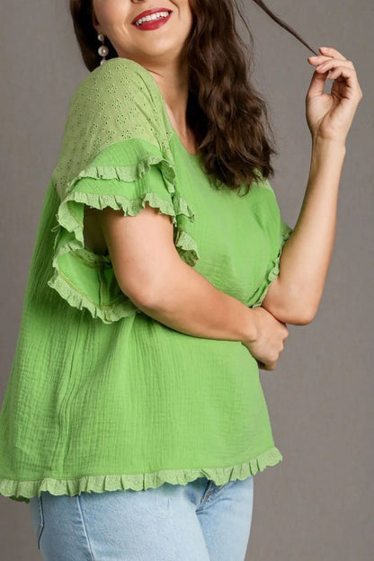 Plus size Umgee cotton gauze blouse with ruffle eyelet layered sleeves and round neck, shown in lime color.