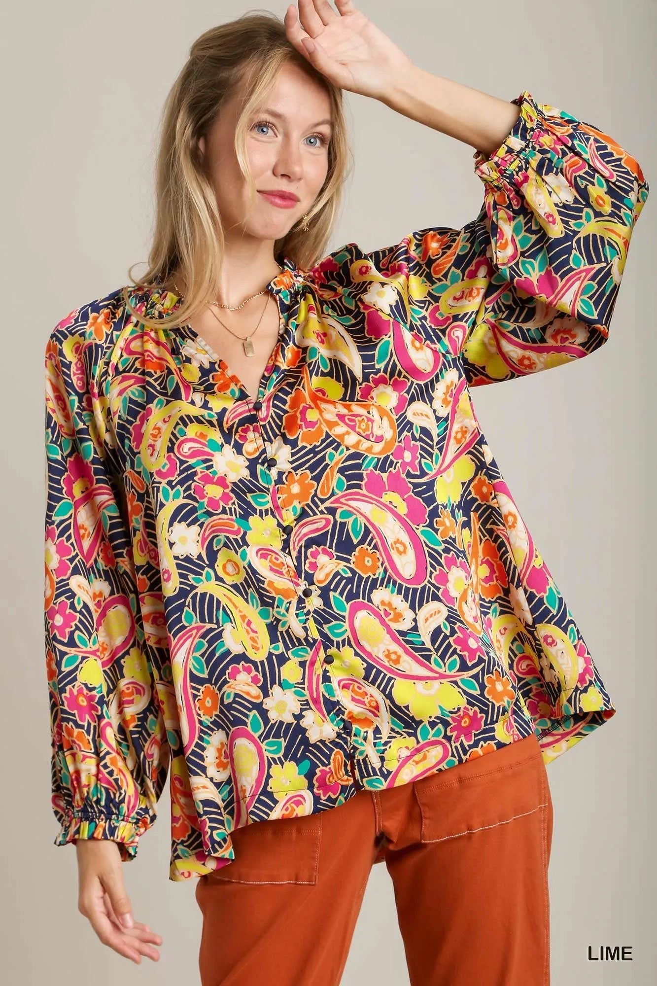 Plus size Umgee satin paisley ruffle neck button-up shirt in lime, featuring a stylish paisley pattern and ruffle details.
