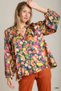 Plus size Umgee satin paisley ruffle neck button-up shirt in lime, featuring a stylish paisley pattern and ruffle details.