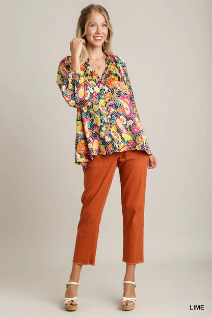 Plus size Umgee satin paisley ruffle neck button-up shirt in lime, featuring a stylish paisley pattern and ruffle details.