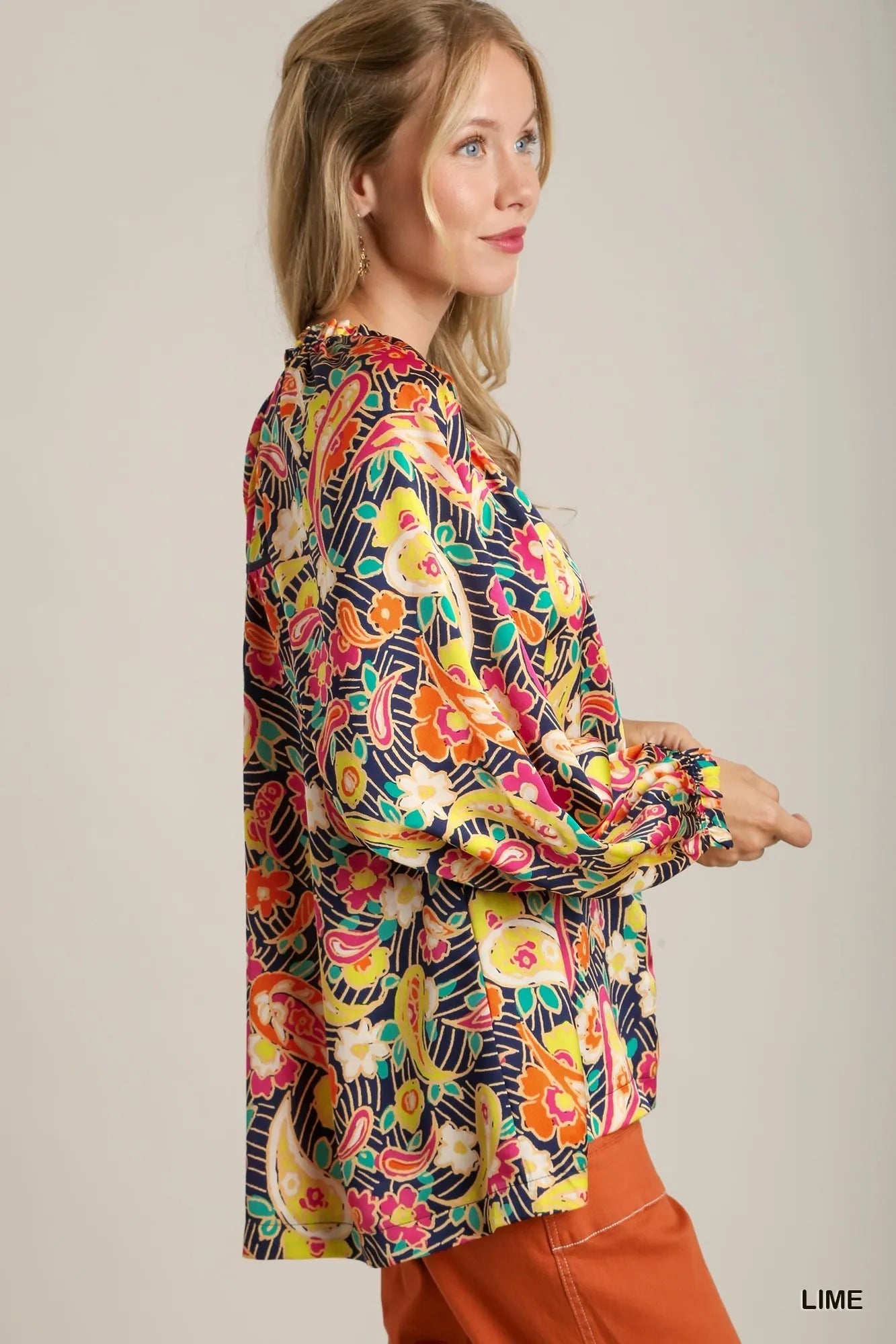 Plus size satin paisley ruffle neck button-up shirt by Umgee, shown in lime, with ruffled collar and long sleeves.