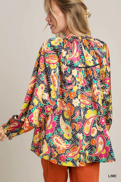 Plus size Umgee satin paisley button-up shirt with ruffle neck and long sleeves, featuring a vibrant lime green color.