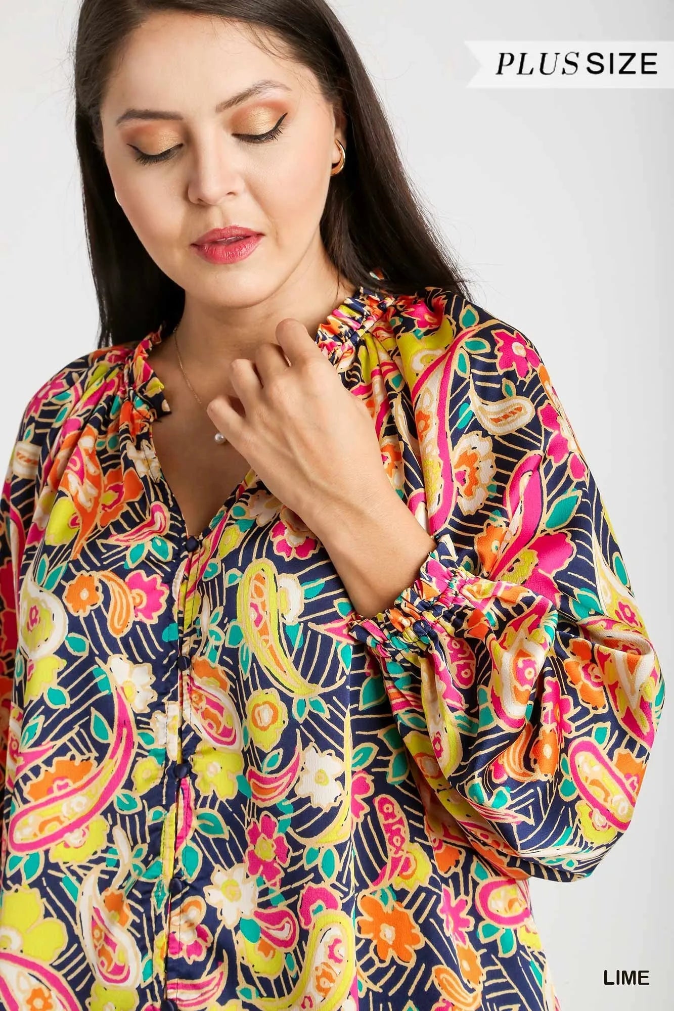 Plus size Umgee satin paisley button-up shirt with ruffle neck and long sleeves, in a vibrant lime color, from Trendsi.