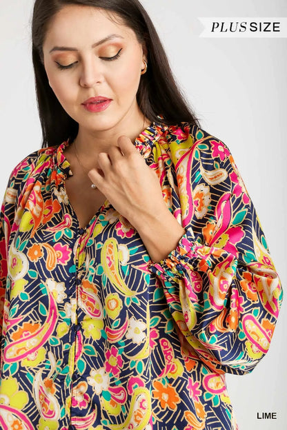 Plus size Umgee satin paisley button-up shirt with ruffle neck and long sleeves, in a vibrant lime color, from Trendsi.
