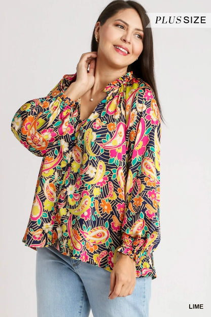 Plus size Umgee satin paisley button-up shirt with ruffle neck, long sleeves, and paisley pattern for a stylish, comfortable look.